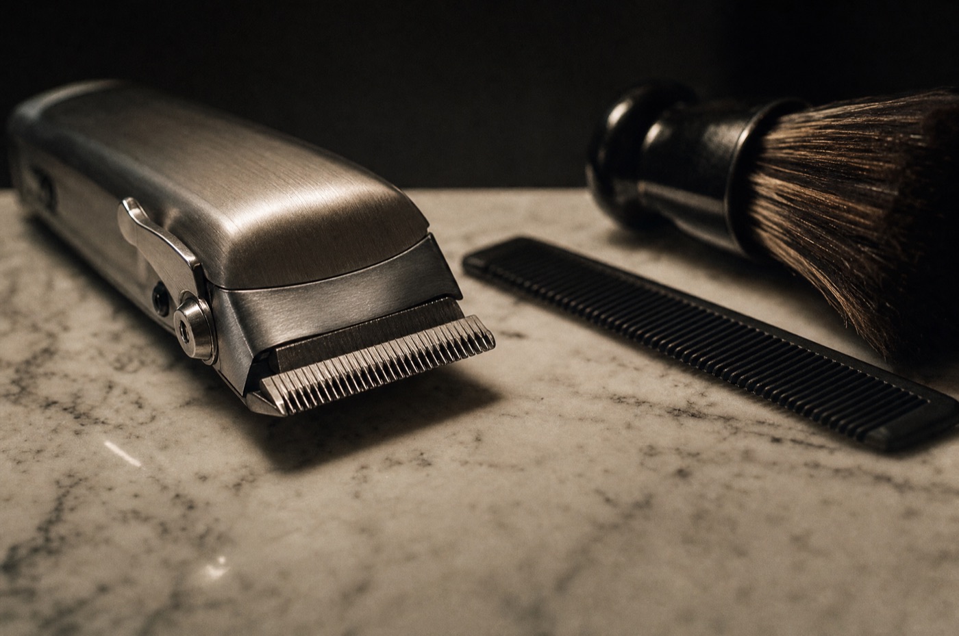 Clippers, a comb and a neck brush laid out on a marble counter under a warm light.