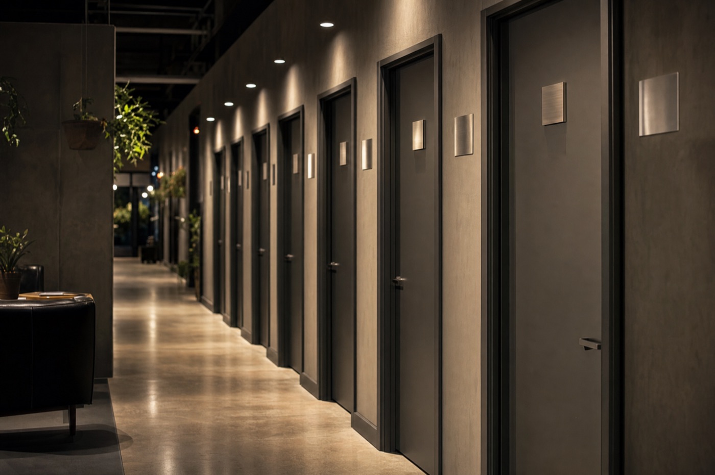 A quiet corridor of private studio suite doors lit by warm ceiling lights.