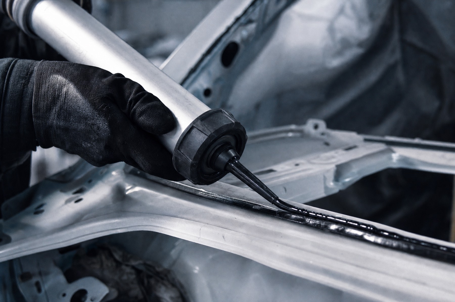 A technician's gloved hands laying a continuous bead of black urethane adhesive along the bare pinchweld frame where the windshield will be set.