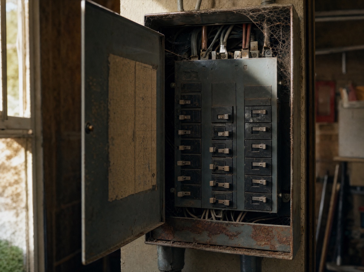 An older residential electrical panel with the cover removed, showing aged breakers and wiring.